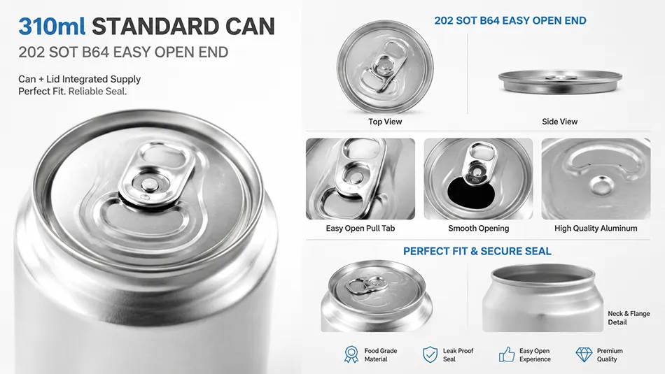310ml standard aluminum can with easy open end lid detail for beverage packaging