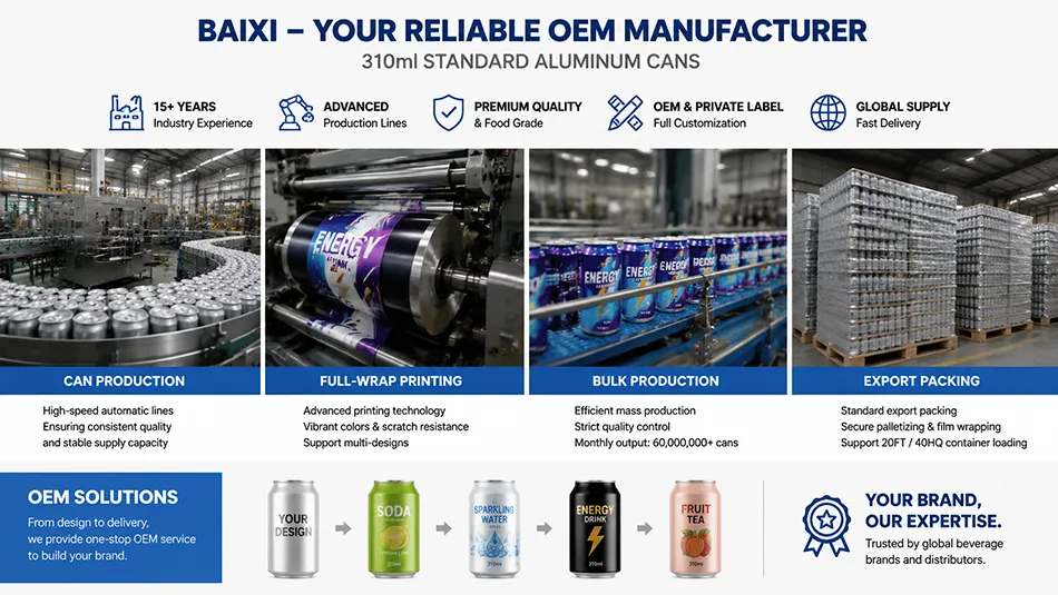 OEM 310ml standard aluminum can manufacturer with custom printing and bulk export supply