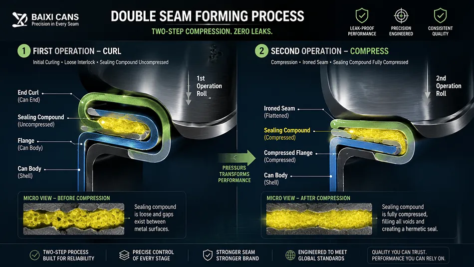 A two-step industrial diagram showing the first-operation roll curling and the second-operation roll compressing the sealing compound inside an aluminum can seam