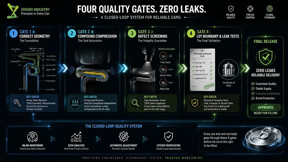 A four-gate quality assurance workflow chart showing the verification steps for achieving zero leakage in high-speed beverage canning lines