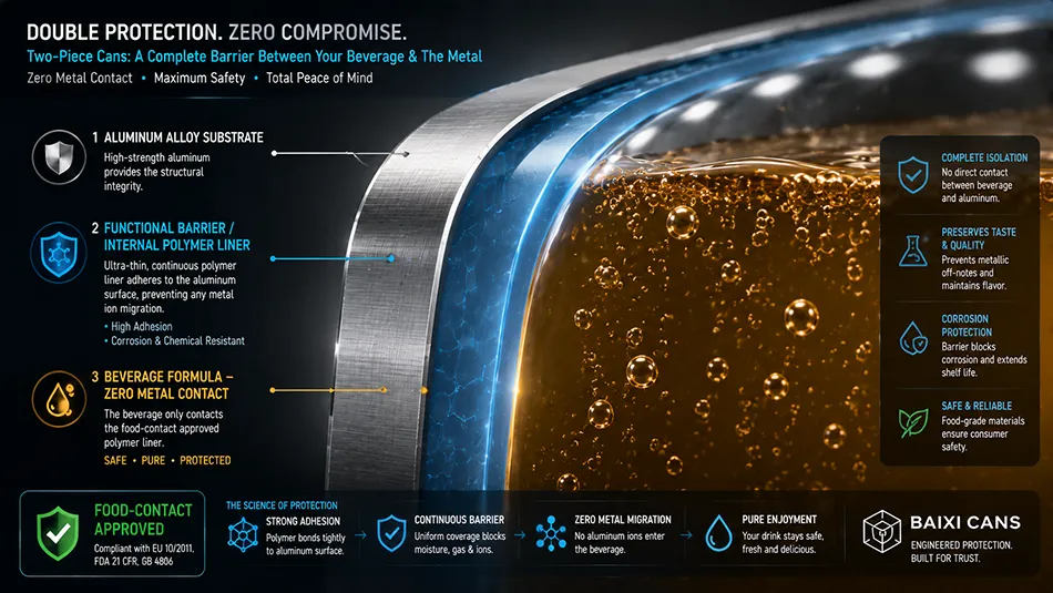 A technical cross-section diagram of an aluminum beverage can wall illustrating the internal protective liner separating the liquid from the raw metal substrate