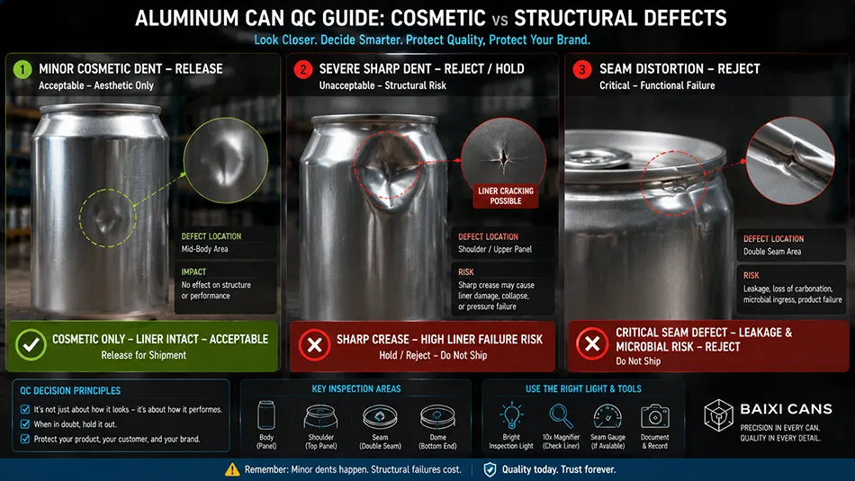 A quality control reference guide classifying minor cosmetic dents versus severe seam defects and body corrosion in aluminum packaging