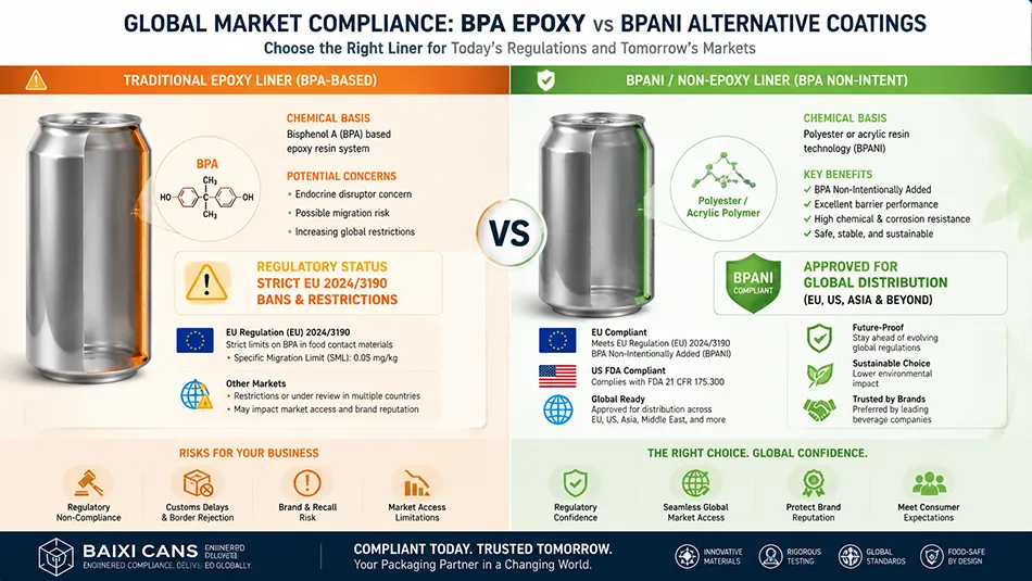 A market compliance infographic comparing traditional epoxy can liners with BPANI alternatives for European Union and global regulations