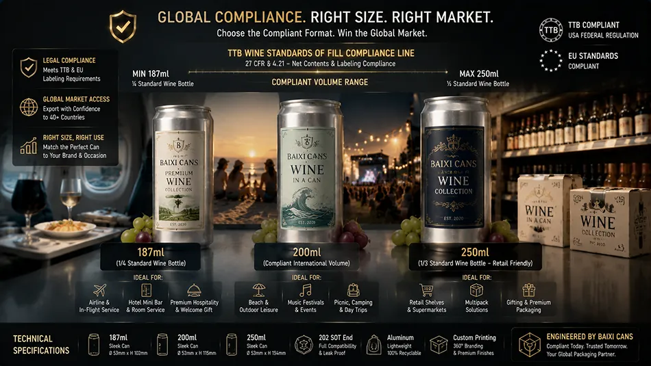 A product lineup showcasing compliant aluminum wine can sizes including 187ml, 200ml, and 250ml slim formats aligned with TTB standards of fill regulations