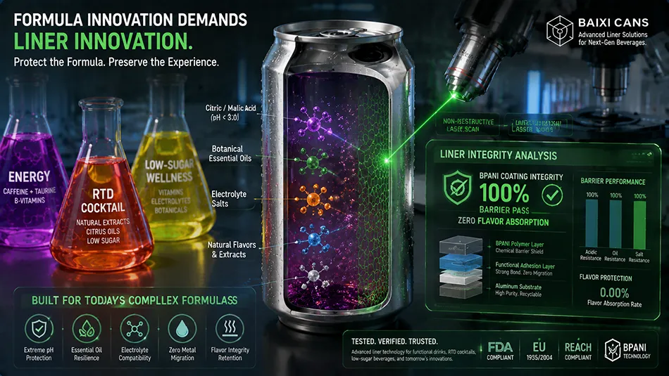 A laboratory technical schematic illustrating how functional beverage ingredients like organic acids, botanical extracts, and salts challenge standard aluminum can polymer barriers