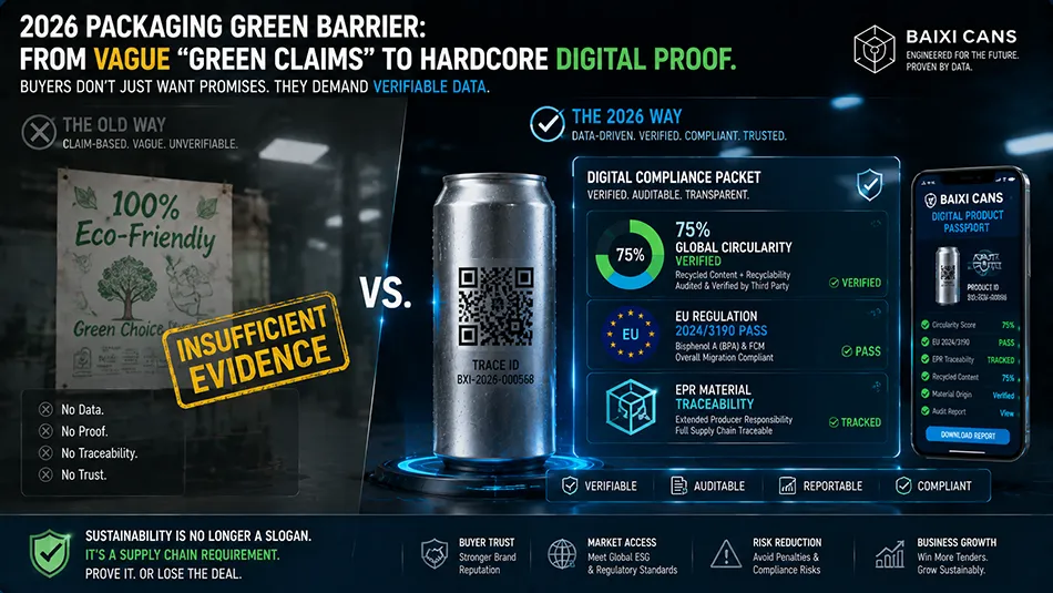 A conceptual B2B infographic contrasting vague green marketing claims with quantifiable packaging data sheets, recycling certifications, and EU PCR compliance documentation