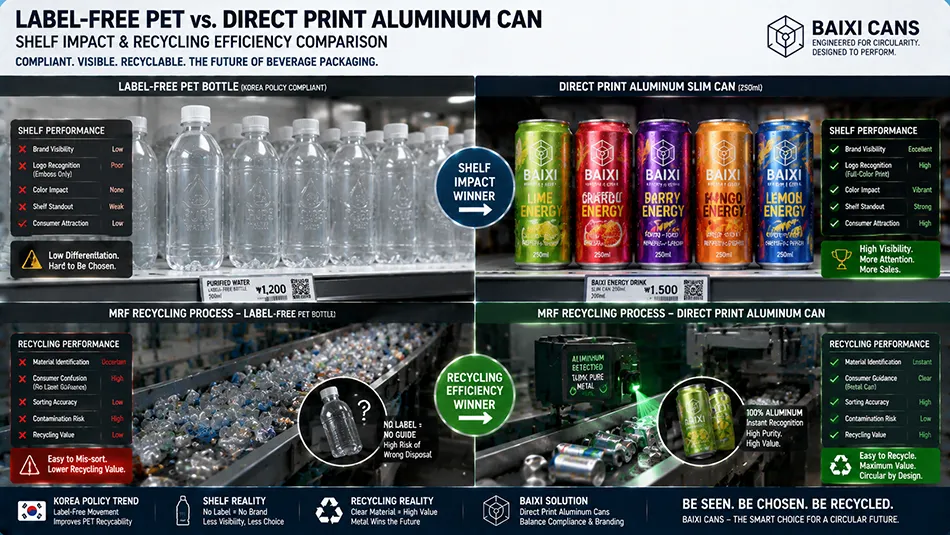 A comparative packaging display illustrating South Korea label-free bottled water movement alongside custom direct-printed aluminum cans to analyze shelf presentation