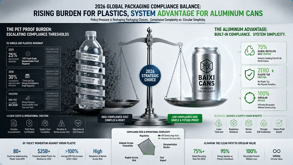A B2B compliance infographic illustrating the European Union and global PET recycled content targets compared to the circular economy advantages of aluminum beverage cans