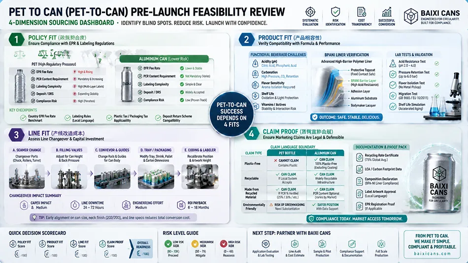 A procurement decision matrix screening a PET-to-can packaging transition across 4 dimensions: policy fit, product fit, line fit, and claim proof