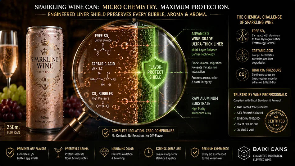 A technical infographic depicting sparkling wine chemical components like free sulfur dioxide SO2 and high acidity interacting with an advanced aluminum can internal liner