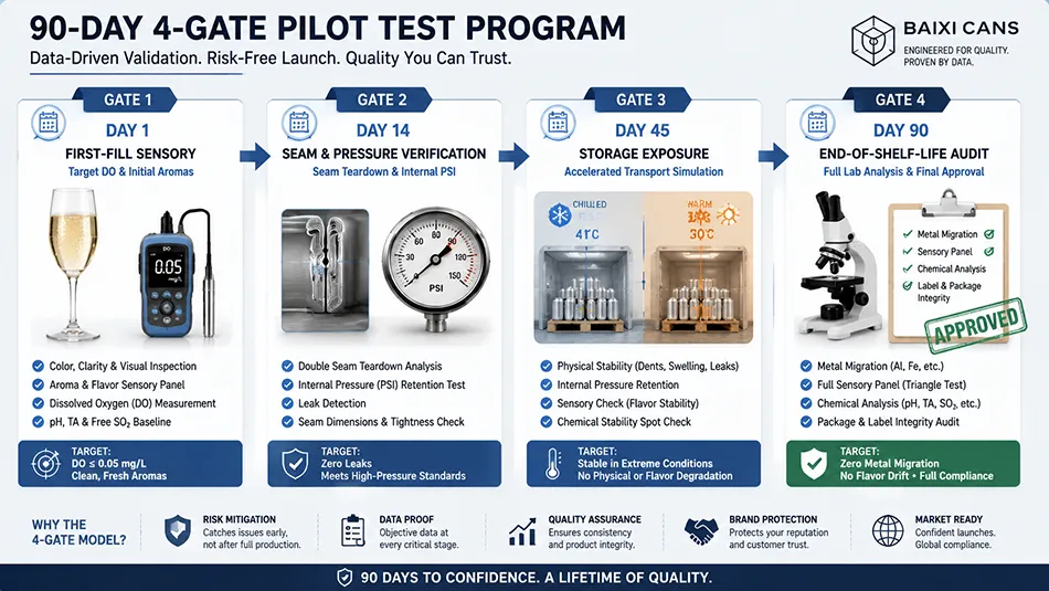 A technical workflow chart illustrating the 4 release gates of a 90-day canned sparkling wine pilot test from initial fill to end-of-shelf-life review