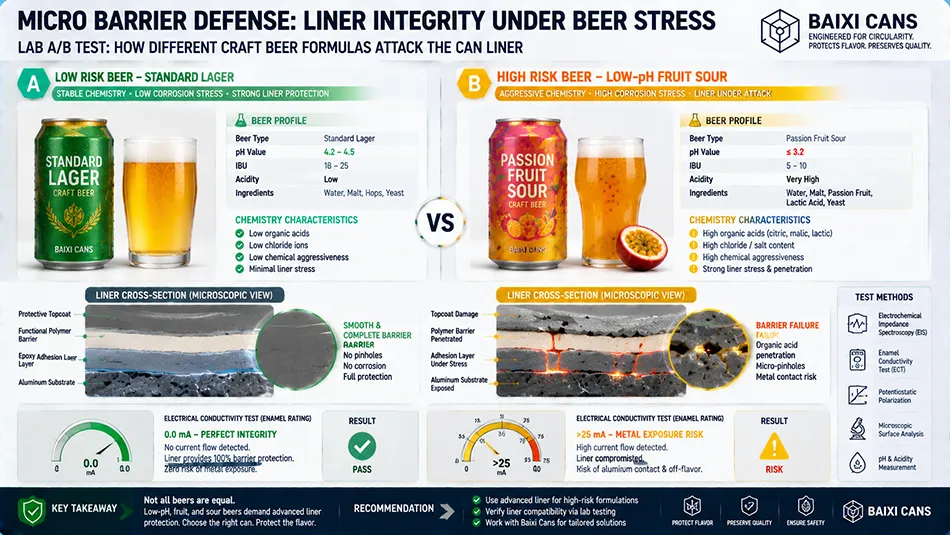 An engineering schematic comparing chemical stress on internal coatings between a standard lager and an aggressive low-pH fruit sour beer with enamel rating indicators