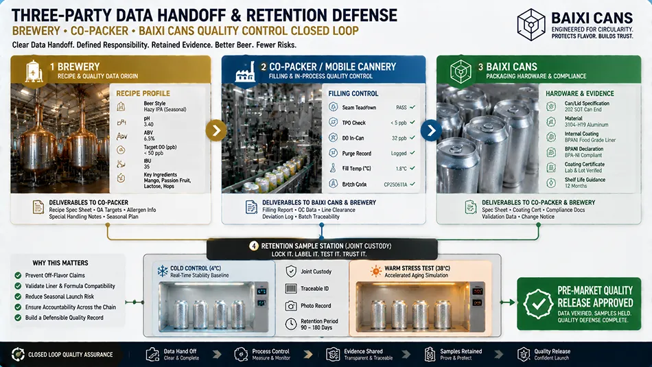 A B2B workflow diagram illustrating technical specification handoff and retention sample testing between the craft brewery, mobile canning service, and can manufacturer