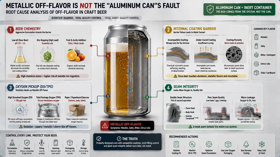 A technical infographic diagnosing the systemic causes of metal taint in canned beer, mapping beer chemistry, liner porousness, oxygen pickup, and seam defects