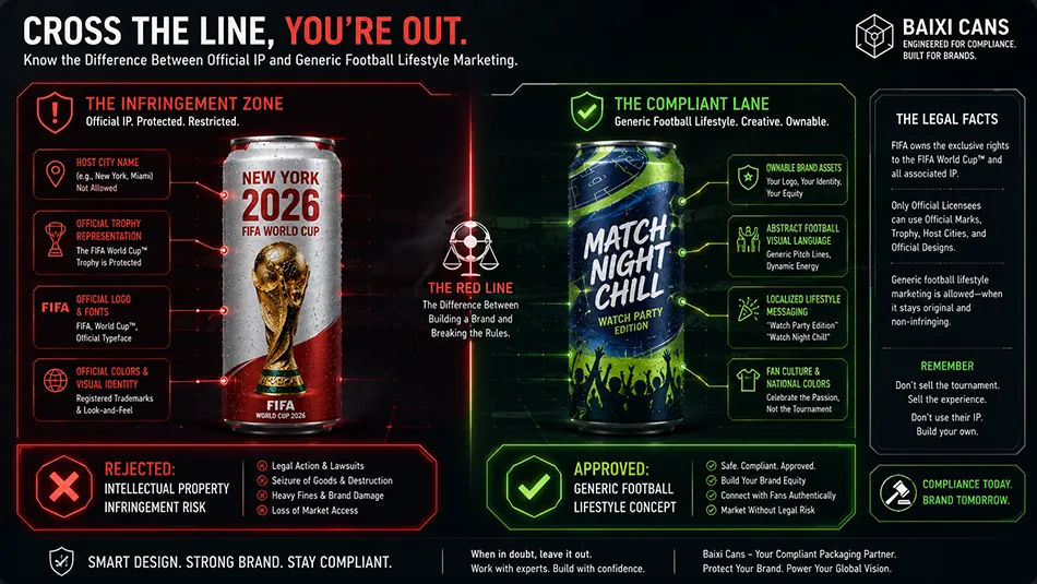 A legal B2B design compliance matrix for seasonal football beverage cans, distinguishing between generic match-night themes and protected trademark violations