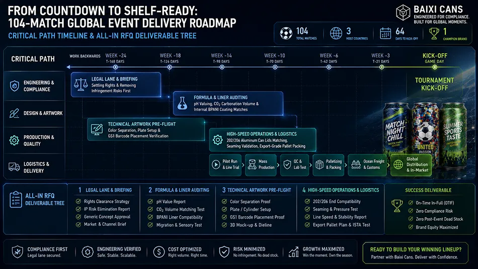A critical path procurement timeline template for seasonal customized aluminum cans, tracking from legal review to filling plant and export shipping