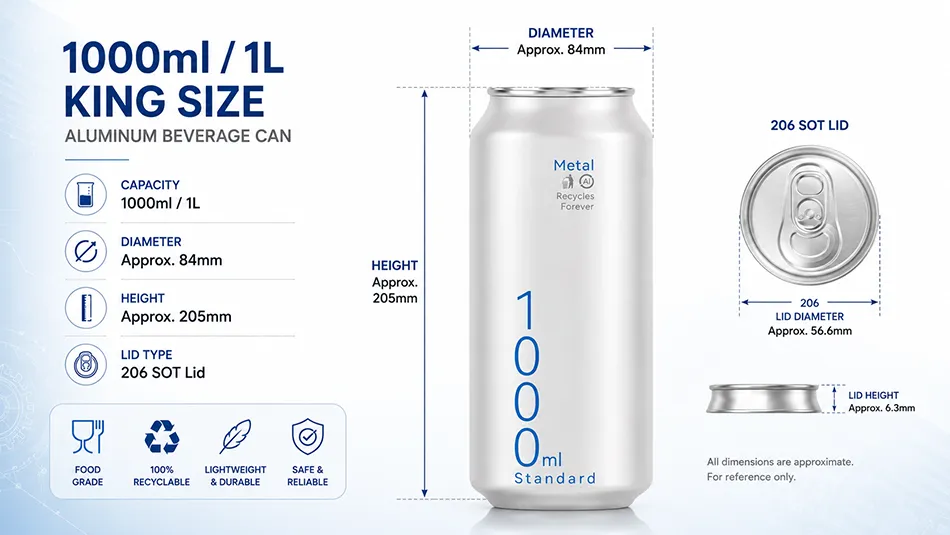 1000ml aluminum can dimensions with 206 SOT lid compatibility