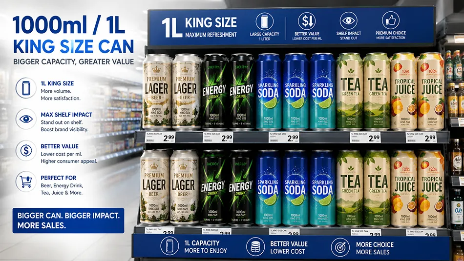 retail shelf display of 1000ml aluminum beverage cans