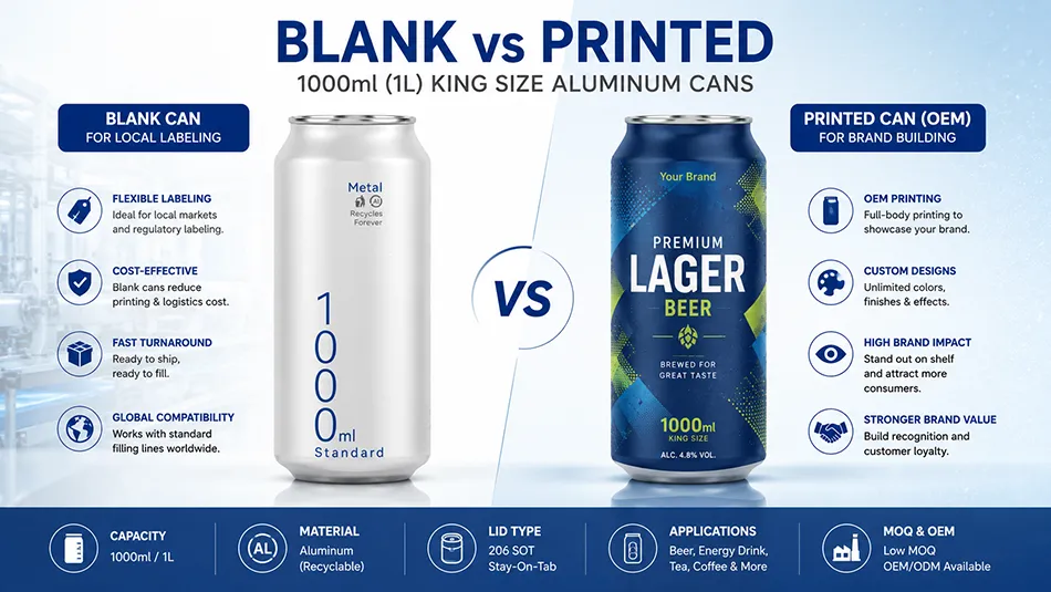 blank 1000ml aluminum cans compared with printed 1L beverage cans