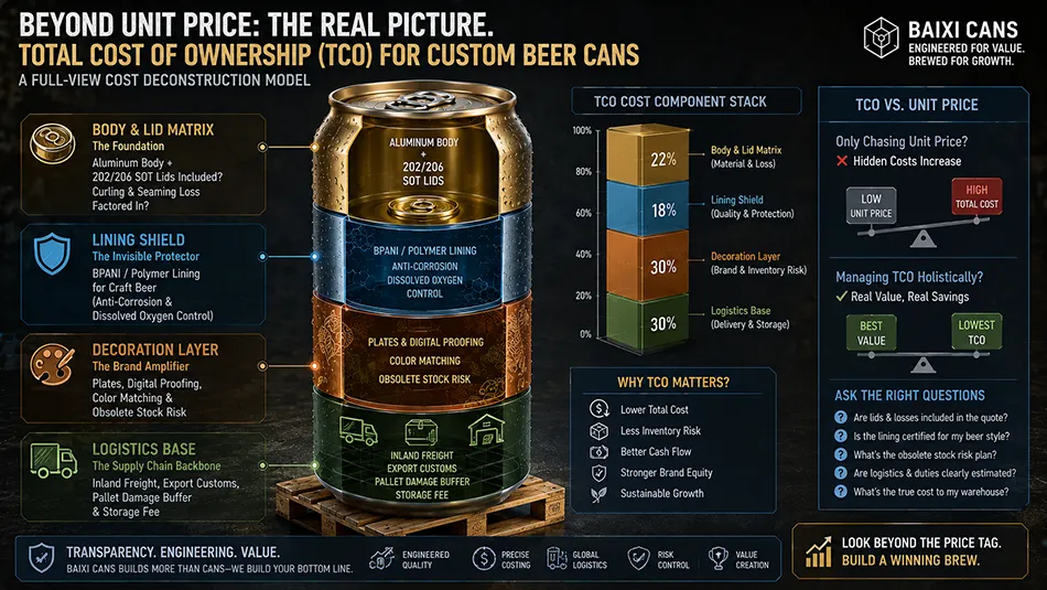 A comprehensive B2B financial chart breaking down the Total Cost of Ownership for custom beer cans, including can body, lid seaming, BPANI lining, proofing, and inventory risk