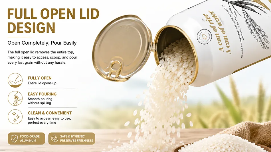 full open lid aluminum rice can for easy pouring