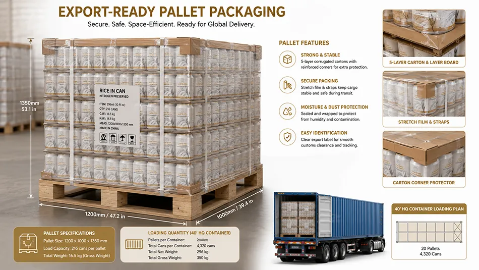 export pallet packaging for nitrogen preservation aluminum rice cans