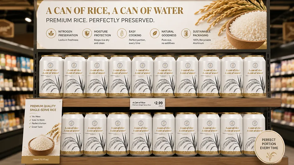 retail shelf display of nitrogen preservation aluminum rice cans