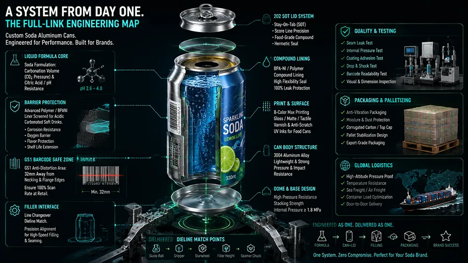 A comprehensive packaging engineering diagram showing a custom soda can as a complete launch system, integrating beverage chemistry, printing routes, and filling line mechanics
