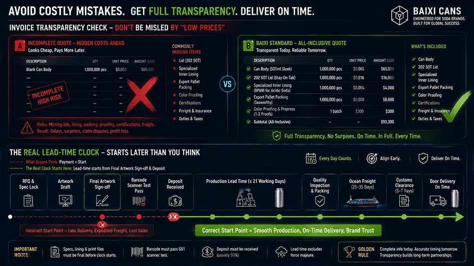 A procurement comparison chart detailing a complete custom soda can RFQ invoice checklist and international delivery critical path