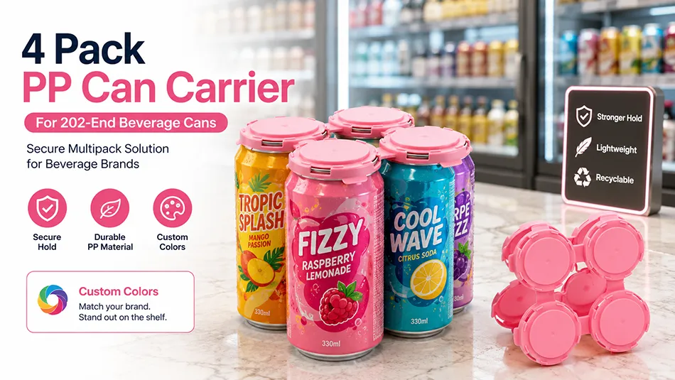Pink 4 pack PP can carrier holding four soda cans with compatible 202 ends