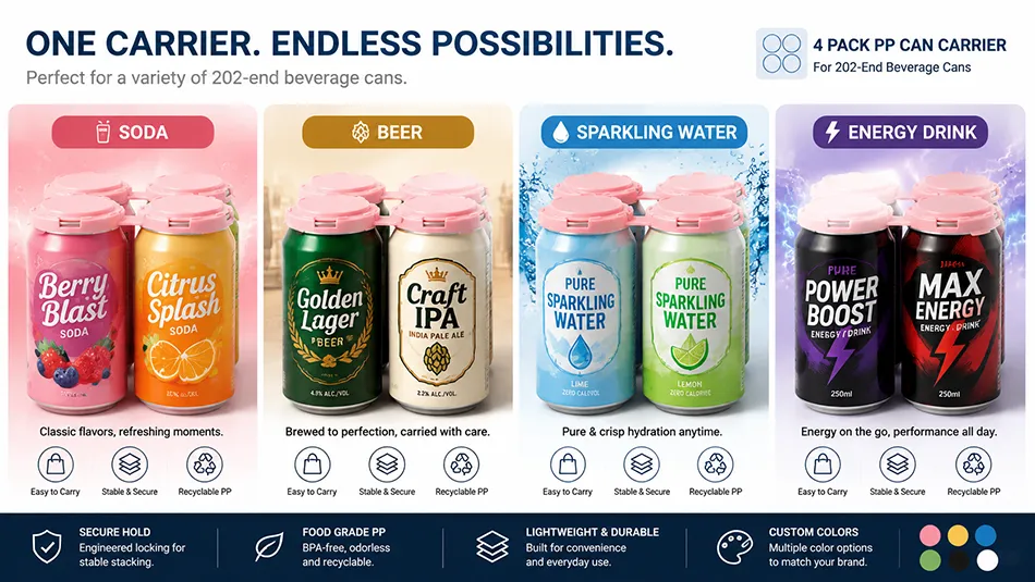 Four-pack PP can carriers used for soda beer sparkling water and energy drinks
