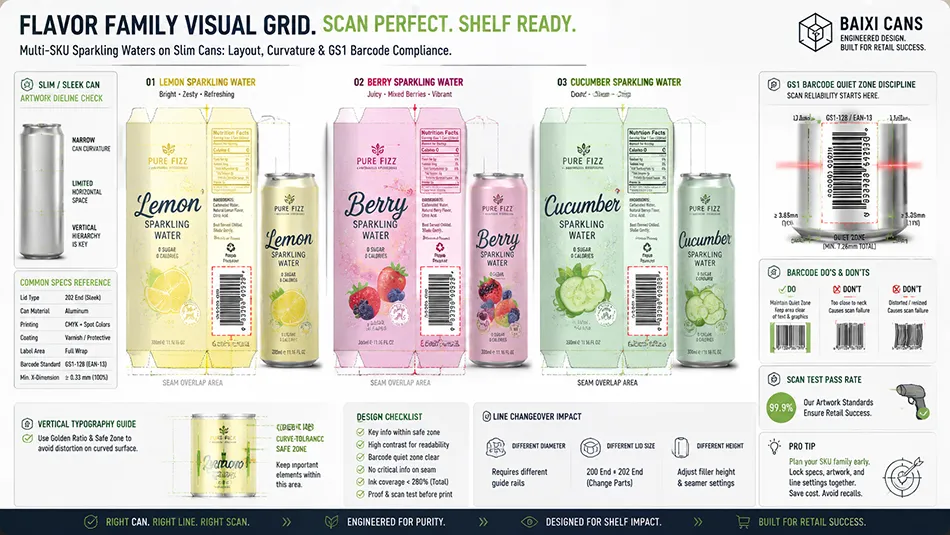 A B2B design framework displaying a repeatable artwork grid and barcode scanning safety margins across a multi-flavor sparkling water can line