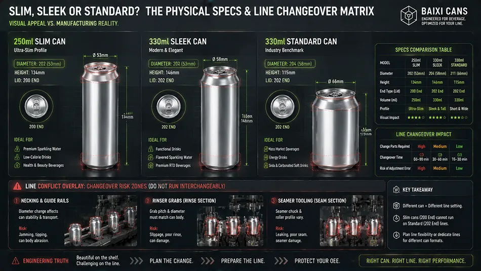 A technical engineering blueprint comparing the precise diameter, height, and lid sizes of 250ml slim, 330ml sleek, and 330ml standard aluminum cans