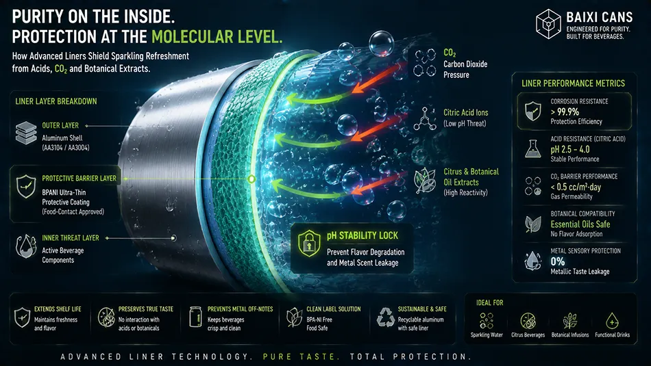 A microscopic cross-section diagram showing how carbonated soft drink flavor extracts interact with advanced BPANI polymer coatings inside aluminum cans