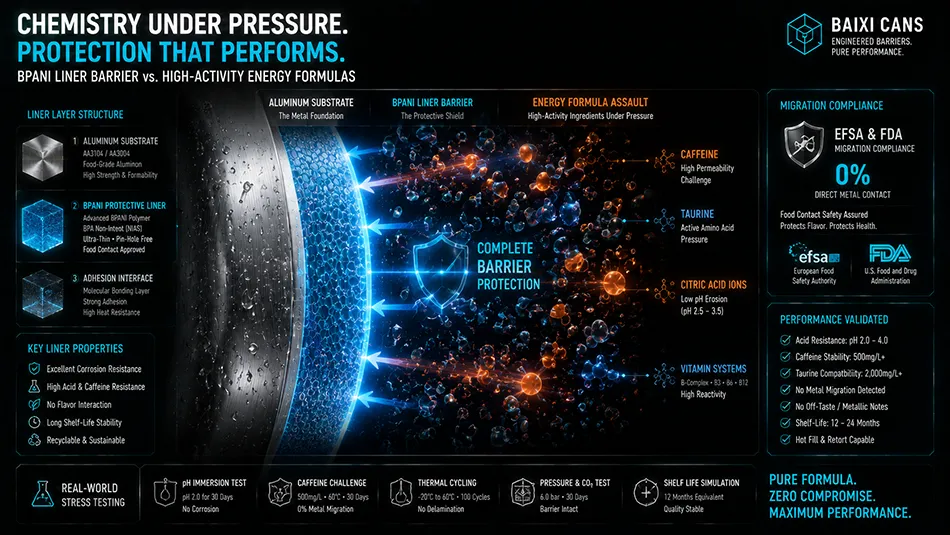 A technical 3D cross-section diagram showing the molecular interaction between taurine, citric acid, caffeine and BPANI protective coatings inside a slim aluminum can