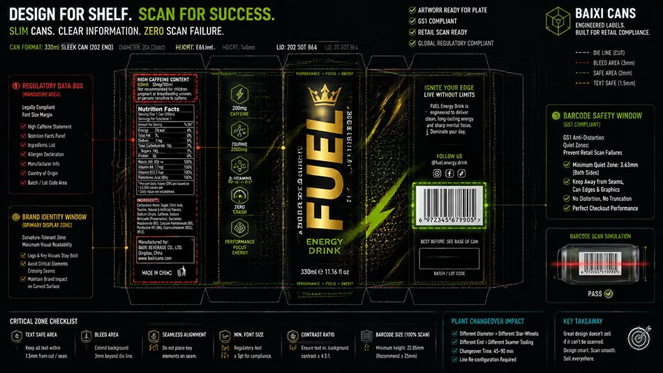 A professional packaging layout template for slim energy drink cans defining high-contrast text zones and GS1 barcode quiet margins