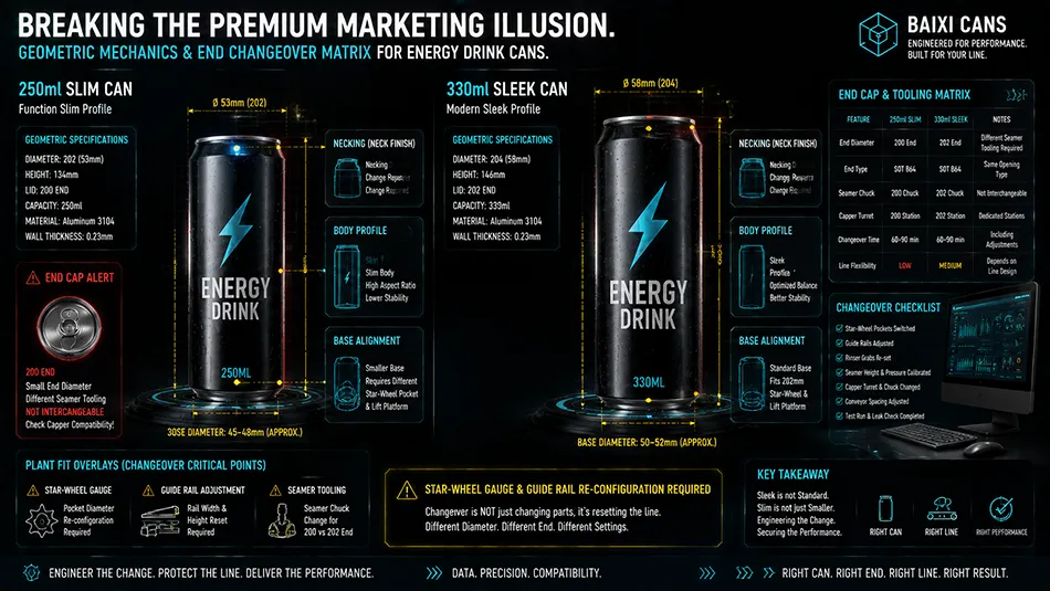 A precise CAD engineering blueprint comparing technical dimensions and lid profiles of a 250ml slim energy drink can and a 330ml sleek beverage can
