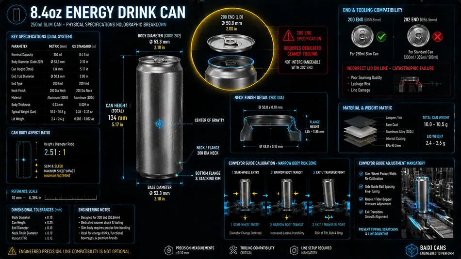 A precise CAD technical blueprint detailing the 202 body diameter, 200 end neck finish, and 5.17-inch height dimensions of a standard US 8.4 oz slim aluminum can