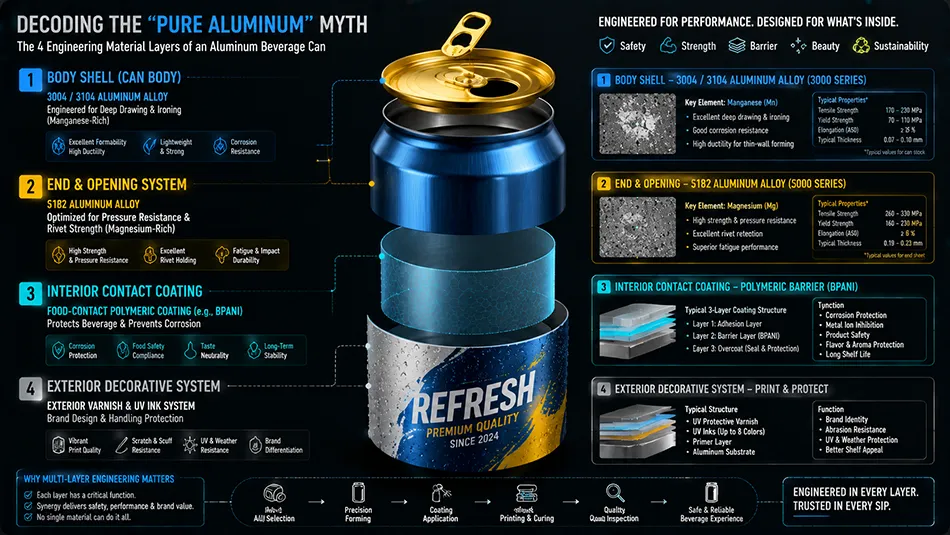 An engineering 3D diagram detailing the 3104 alloy body, 5182 alloy end, interior BPANI coating, and exterior printed graphic layers of a two-piece aluminum beverage can