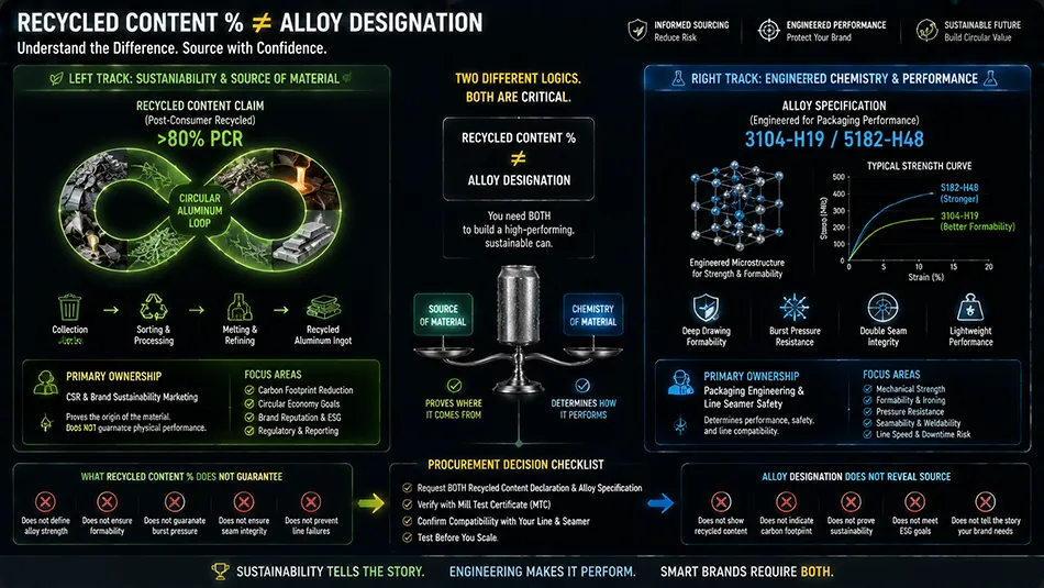 A technical infographic clarifying the difference between high recycled aluminum content percentage and specific alloy chemical performance specs