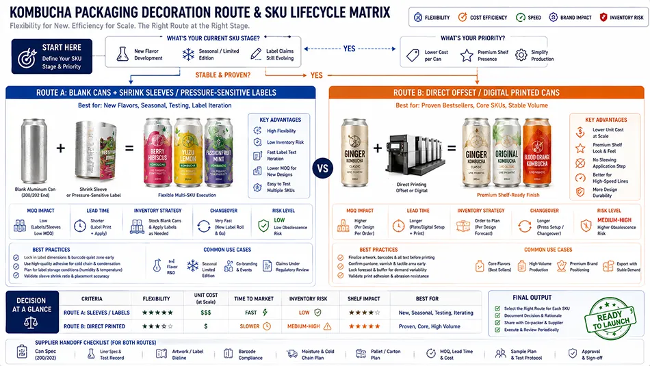A decoration route matrix comparing blank cans with shrink sleeves against direct printed aluminum cans for multi-flavor kombucha SKUs
