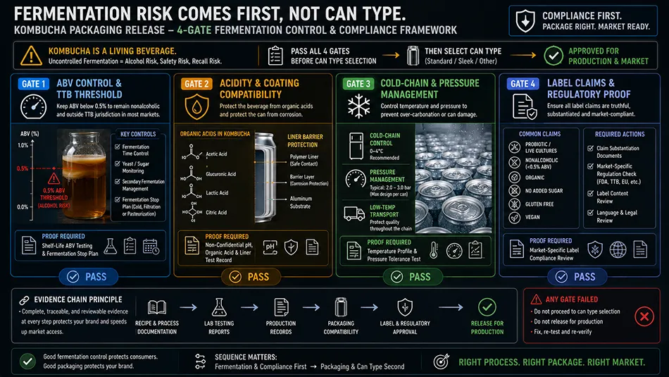 A 4-stage packaging compliance flowchart for kombucha cans showing ABV testing, pH acidity, cold chain plan, and liner suitability