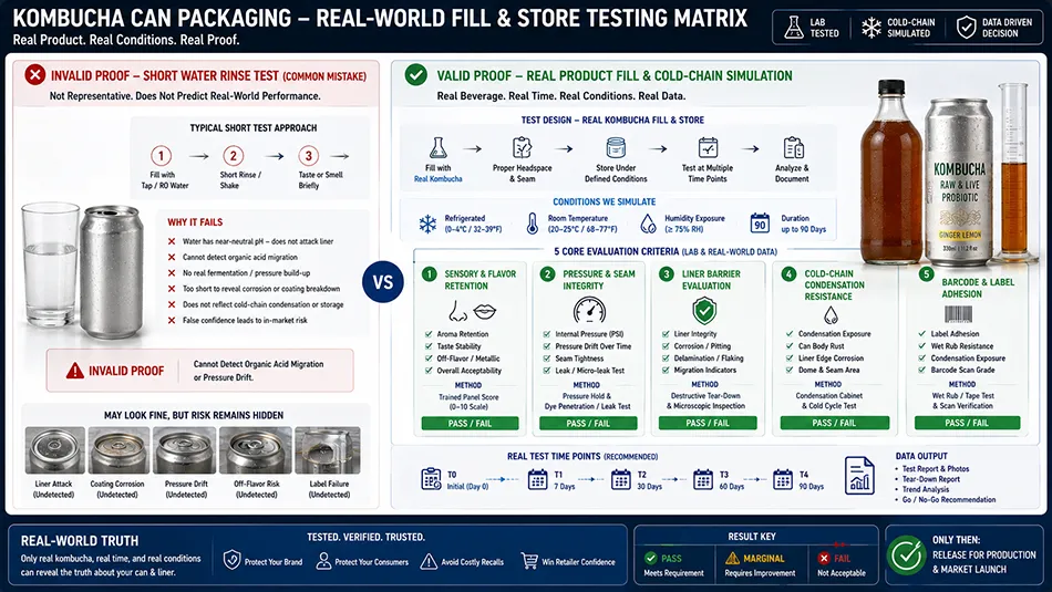 A laboratory fill-and-store testing diagram evaluating liner integrity, pressure stability, and flavor retention for kombucha aluminum cans