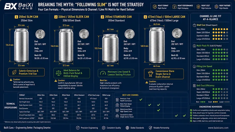 An infographic comparison of 250ml slim, 330ml sleek, 355ml standard, and 500ml aluminum cans for hard seltzer and RTD beverages showing shelf cues, label area, and filling line fit