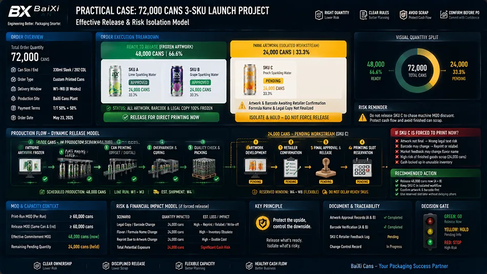 An infographic illustrating a 72,000-can 3-SKU launch where 48,000 cans with approved artwork enter production while 24,000 pending cans are isolated