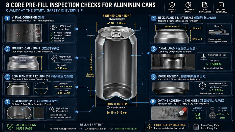 An 8-check pre-fill inspection matrix for aluminum beverage cans detailing geometry, strength, and internal coating tests