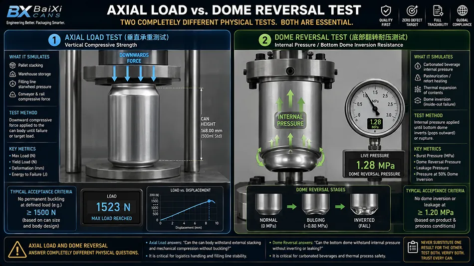 Mechanical strength testing comparison diagram for aluminum cans showing axial load vertical pressure and bottom dome reversal limit