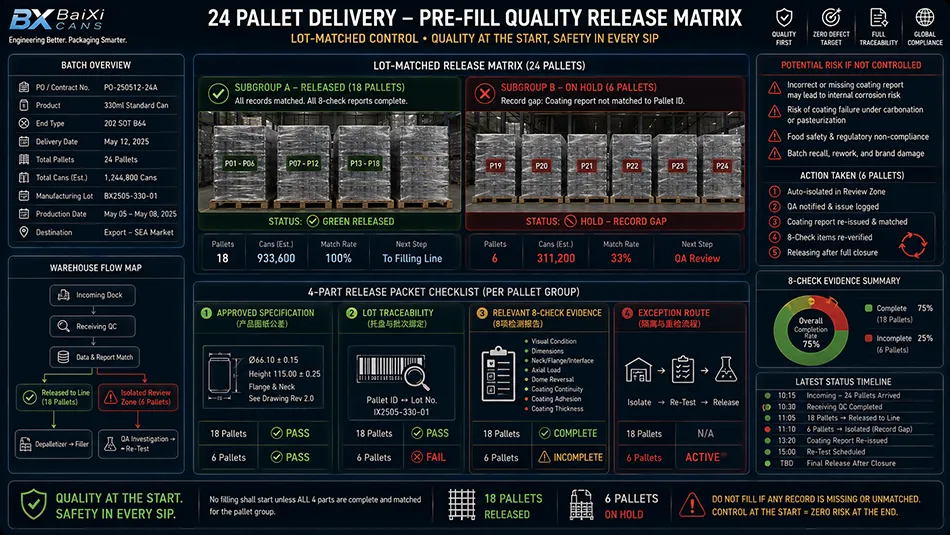 A 24-pallet beverage can release matrix showing 18 pallets released and 6 pallets held due to a missing coating test report