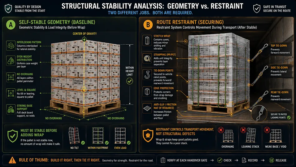 Comparative diagram showing raw pallet stack geometric stability versus post-wrap route restraint for beverage cans