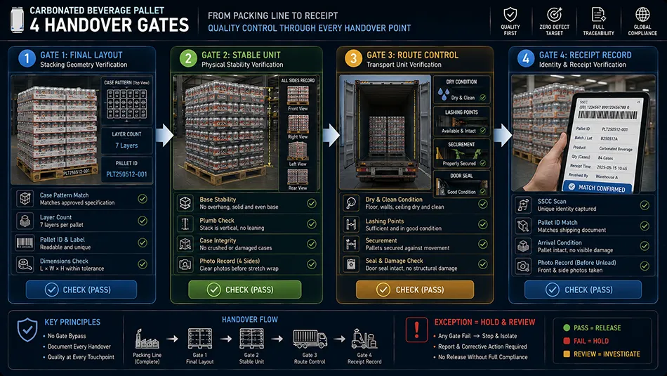 A 4-handover gate workflow diagram for soda can pallet shipping including stack layout, unit stability, route control, and receiving record
